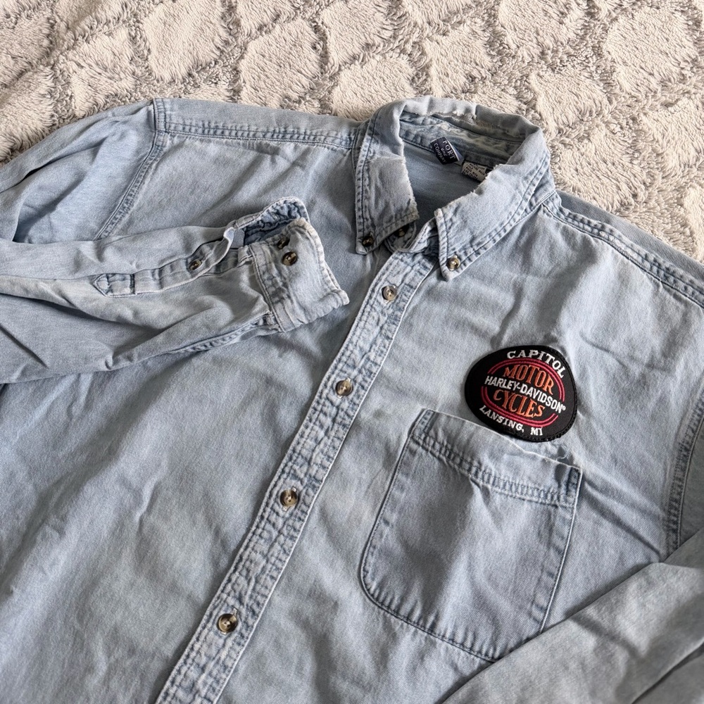Harley-Davidson Light Blue Denim Button-Up Shirt Jacket Men’s XL Washed Faded
